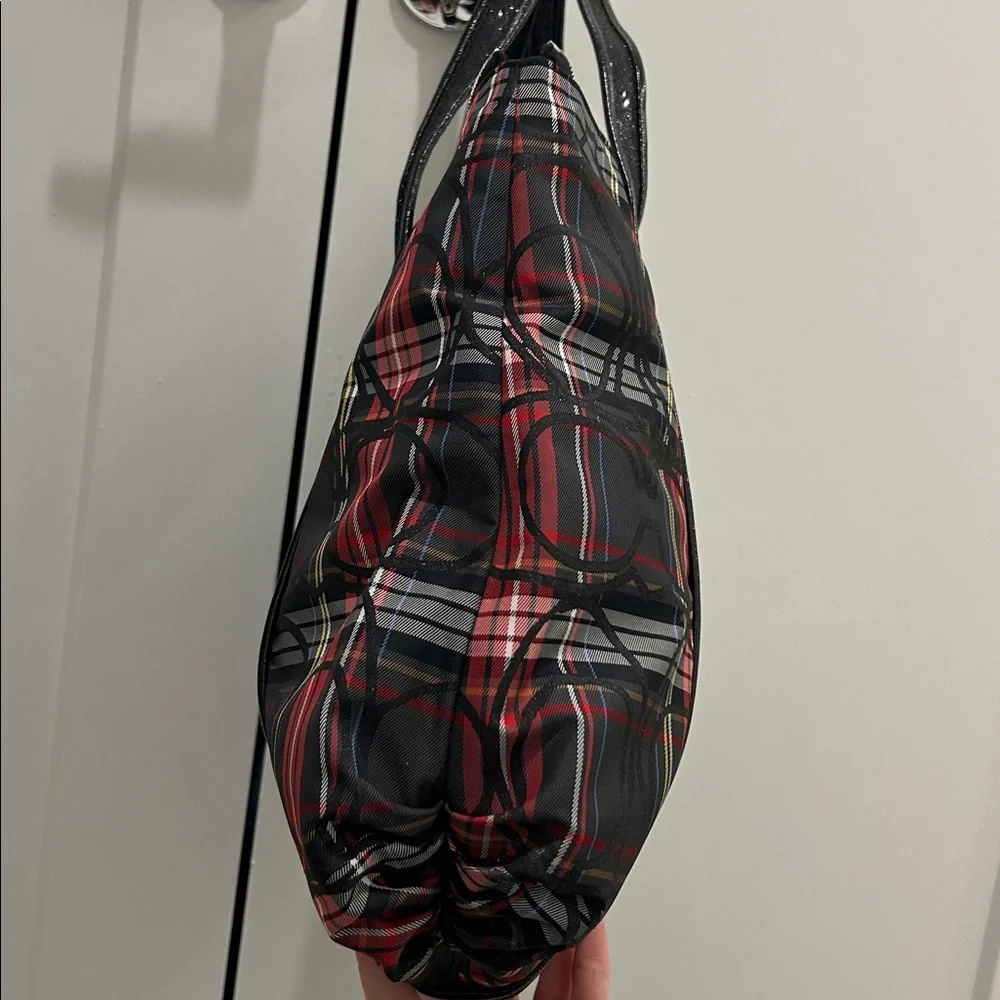 Coach (EUC) Poppy Black and Red Plaid Tote with Black Sequin Trimming & Handles - Picture 5 of 15